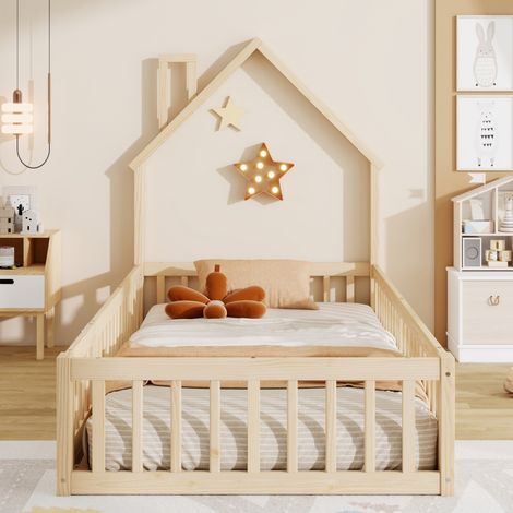 Lit cabane 90x200 cm en pin et MDF, naturel, avec barrières de sécurité et sommier à lattes (1/5)
