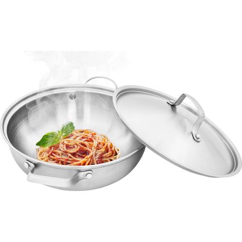 Stainless Steel Wok Pan with Lid, 26cm Induction Wok Frying Pan, 304 Stainless Steel Composite Bottom, Silver Cookware for Home Kitchen Restaurant Use (1/5)