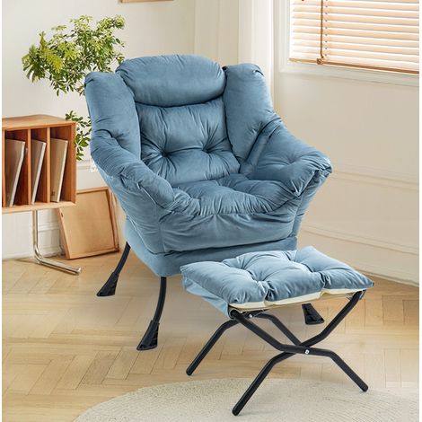 Sillón relax 70x20x77 cm azul claro de metal con reposapiés plegable y bolsillo lateral (1/4)