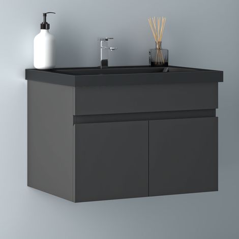 60 cm Waschtisch mit Unterschrank Badmöbel Set mit Waschbecken Schwarz Mineralguss Gäste WC Anthrazit Matt (1/5)