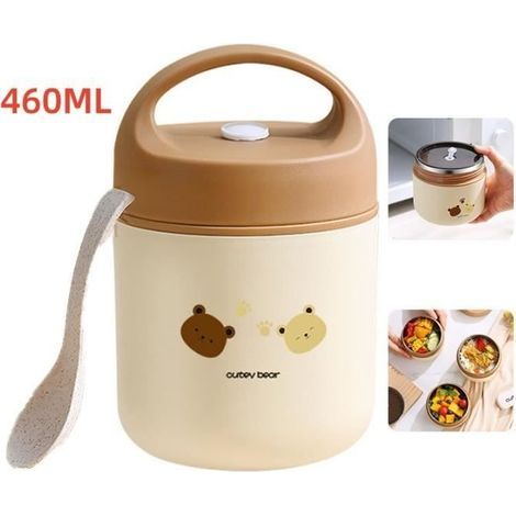 Isolierter Lebensmittelbehälter (Braun + Beige (Bär)) – Farbe nicht spezifiziert – Bärenmotiv – 460 ml – inklusive Löffel – Braun und Beige (1/4)