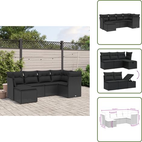 The Living Store 6-tlg. Garten-Sofagarnitur mit Kissen Schwarz Poly Rattan - Gartengestell - Gartenmöbelset - Outdoor Sofa - Lounge Set - Rattan Gartenmöbel (1/5)
