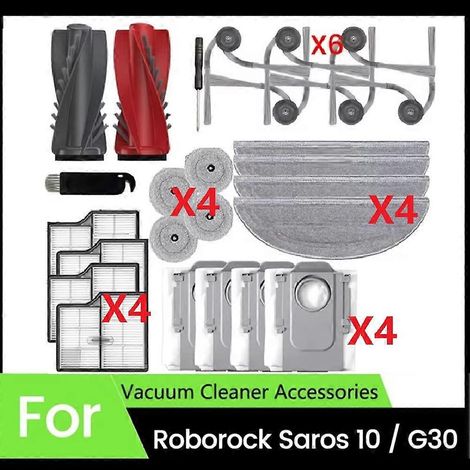Kit de remplacement de 26 pièces pour aspirateur robot Roborock Saros 10 / G30 : brosse principale, filtres HEPA, lingettes de nettoyage et sacs à poussière.