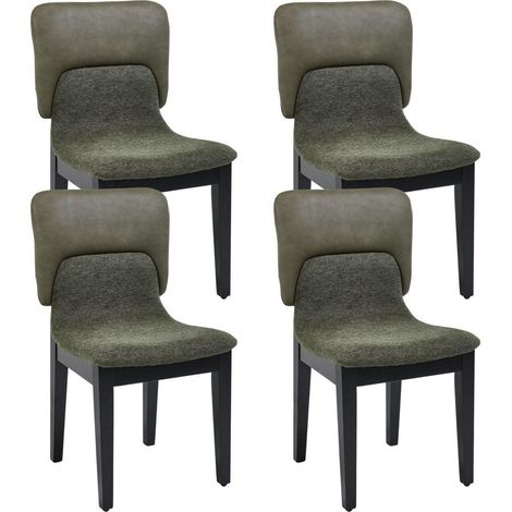 Lot de 4 chaises de salle à manger patchwork tissu et similicuir, pieds bois, sans accoudoirs, vert (1/5)