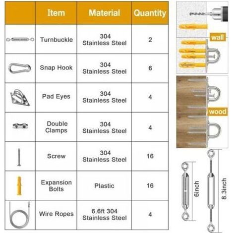 Kit de Fixation Voile d'Ombrage pour Patio 52 Pièces, Acier Inoxydable 304 Kit Accessoires de Fixation Attache Toile ombrage Installation, avec Tendeur Réglage + 2m Corde en Acier (1/5)