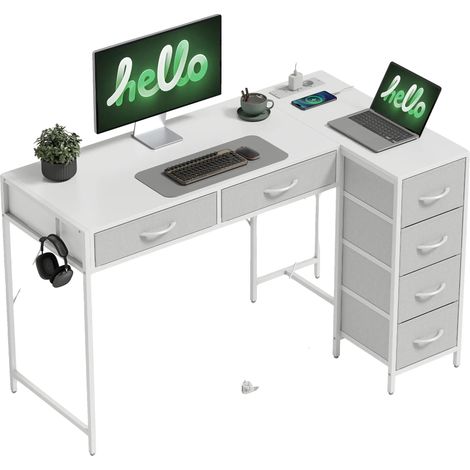 Escritorio para ordenador, diseño en forma de L, puertos USB integrados, BLANCO (1/5)