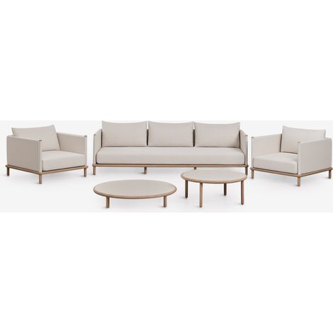 SKLUM Gartenset mit 3-Sitzer-Sofa, 2 Sesseln und 2 runden Couchtischen aus Akazienholz Olivia Gardenia Weiß Helles Akazienbraun
