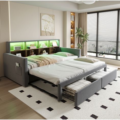 Sofá cama extensible 90/180x190 cm gris oscuro en terciopelo con almacenaje, LED y puertos de carga (1/5)