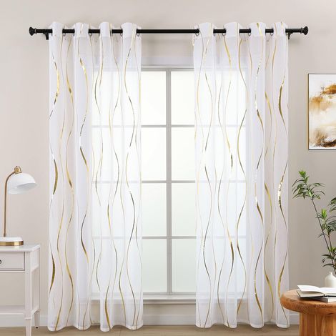 Lot de 2 Rideaux Aspect Lin - Motif ondulé Transparent - pour Salon, Chambre à Coucher, Bureau - avec œillets - Longueur : 225 cm (1/5)