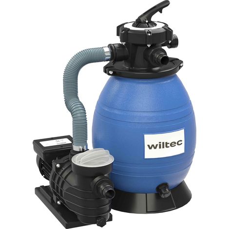 Wiltec – Filtre à sable 250 W – Débit 10 000 l/h – Capacité cuve 26 l / 20 kg – Vanne 5 positions – Pompe auto-amorçante pour piscine hors-sol