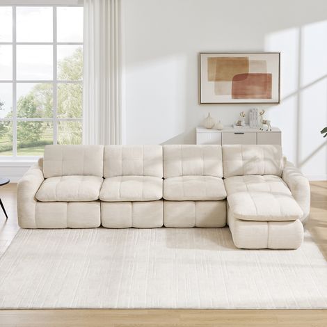 Canapé d'angle modulable 4 places avec pouf, Canapé en chenille assise profonde, Design scandinave sans montage, Pour salon et appartement, Beige (1/5)