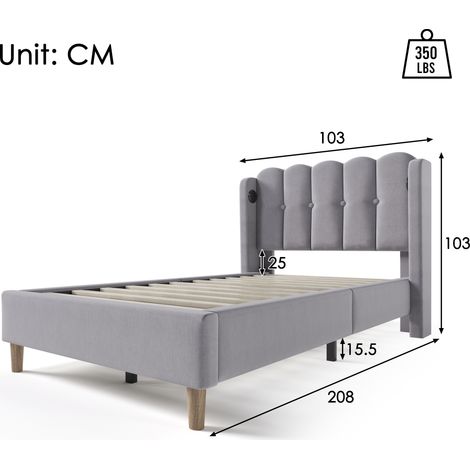 Cadre de lit en lin gris 90x200 cm avec chargeur USB-C et sommier intégré, lit simple doux pour adulte et chambre d'amis (matelas inclus). (1/4)