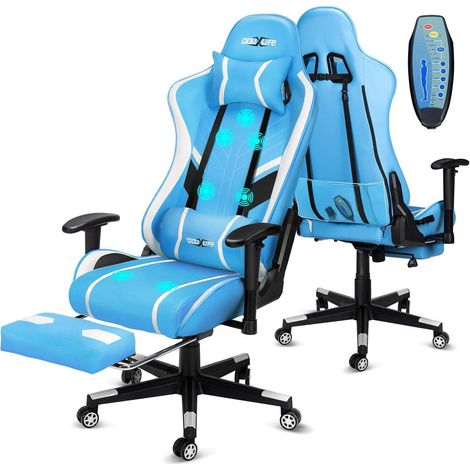 Gaming Stuhl mit 7 Punkt Massage Fußstütze Ergonomischer Bürostuhl Blau (1/5)