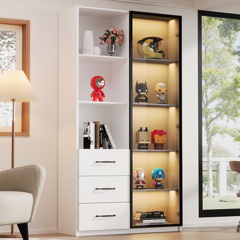 Vitrine LED 80x40x160 cm Armoire de Rangement avec Éclairage LED, 3 Tiroirs et 3 Étagères Ouvertes, Porte en Verre Trempé - Blanc (1/5)