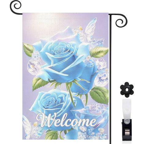 Bannière de cour style enchanteur et pot de roses bleues 30 x 45 cm décoration maison de campagne (1/5)