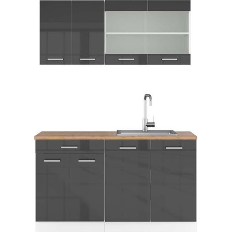 Cucina monoblocco R-Line, Antracite lucido/bianco, 140 cm , PL Rovere, Vicco
