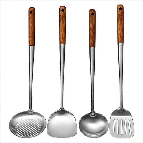 Spatule à wok en acier inoxydable à manche long, ensemble de spatules ajourées pour la cuisine -- (1/5)