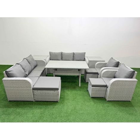 Fimous PE Rattan High Back Lounge Sofa Set Patio Rectangular Dining Table & Chairs Set with 3 Seater Sofa Reclining Chair 3 Stools 2 Side Table Light Grey (1/4)