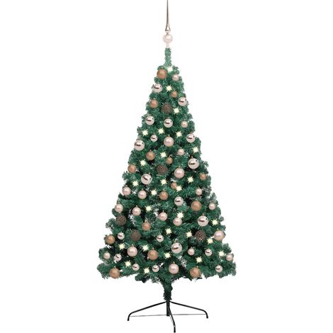 Medio árbol de Navidad con luces y bolas verde 120 cm