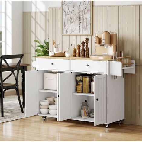 Isola da cucina mobile bianca con 2 cassetti, 2 armadi e accessori (1/5)