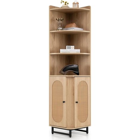 COSTWAY Armadietto in Legno ad Angolo Alto 172 cm con 4 Ripiani Aperti, Libreria Angolare con 2 Ante in Rattan PE e Ripiano Regolabile, Scaffale Mensola Salvaspazio per Soggiorno, Bagno e Cucina (1/5)