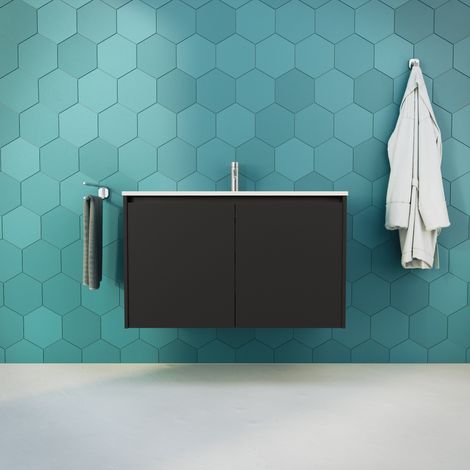 Inda - Badezimmerschrank B.100 mit glänzend/mattschwarzem Waschbecken 2 Türen - Saphir