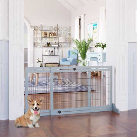 Barrière pour chien extensible en bois, autoportante, 104-183 cm, gris OKMYHOME (1/5)
