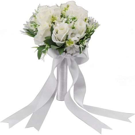 Bouquet de Mariée Blanc en Soie - Fleurs Artificielles pour Cérémonie Élégante, Église et Fête de Mariage (1/5)