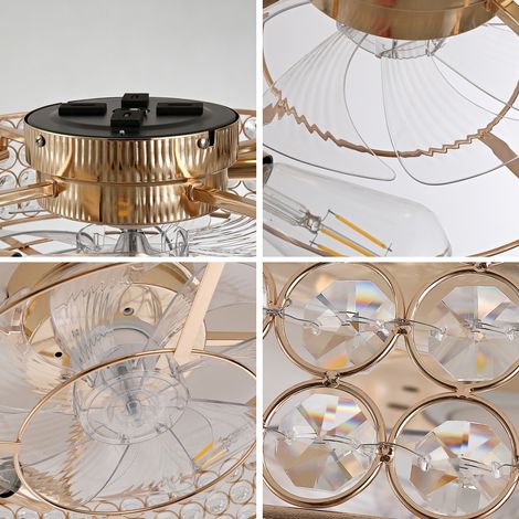 Ventilateur plafonnier doré avec lampe à cristaux, pales ABS, 6 vitesses et double commande pour salon chambre et bureau (1/5)