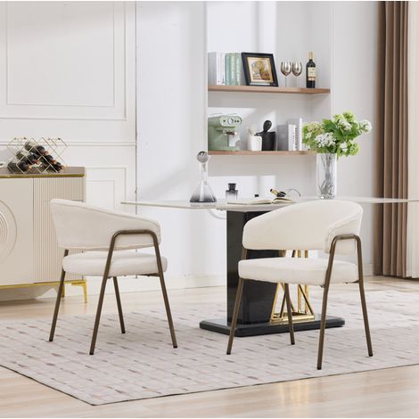 REDOM - Juego de 2 sillas de comedor reposabrazos ergonómicos, patas de metal con acabado latón envejecido de chenilla beige (1/5)