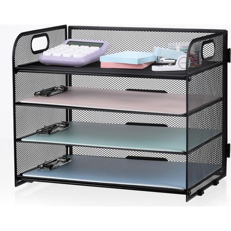 Organizador de correo de malla de 4 niveles (32x28x24 cm), bandeja deslizante con asa para documentos.
