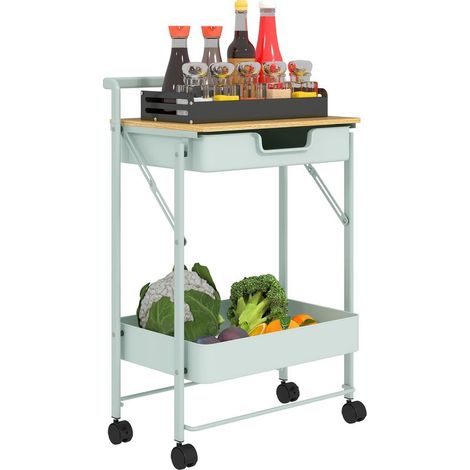 Cart utilitaire to casters to 2 levels with drawer, tray and basket metal for bedroom, bathroom, kitchen, green clear (1/5)