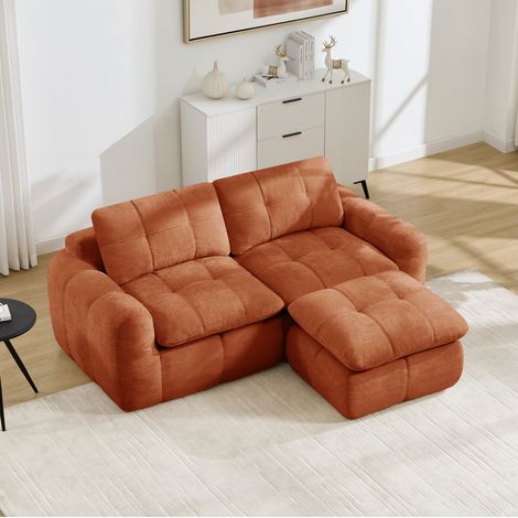 Divano modulare angolare 194x160x68 cm, con pouf, senza montaggio, design trapuntato, chenille arancione (1/5)