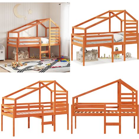 Hochbett mit Dach Wachsbraun 75x190 cm Massivholz Kiefer - Kinderbett - Hochbett - Holzbett - Kiefernholzbett - Jugendzimmer - Home & Living (1/5)