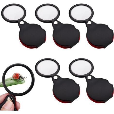 QORVA-Lot de 5 mini loupes, loupe de poche grossissement 10x pliable avec étui de protection rotatif pour la lecture, les étiquettes de cartes, la lecture de petits caractères et les amateurs, 2,16 po