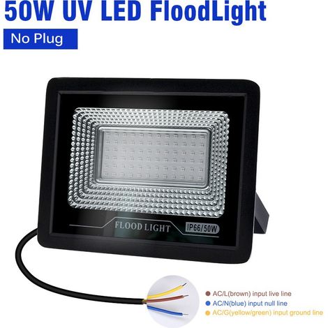 395 nm UV-Lampe, IP66-wasserdichtes LED-Strahler (50 W), für die Erkennung fluoreszierender Substanzen, Spezialeffekte in Spukhäusern oder Bars, Härtung von UV-Adhesiven – 220 V Stromversorgung ohne S