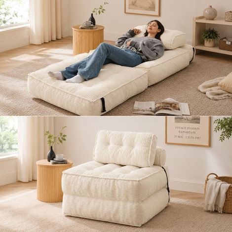 Fauteuil de sol 2‑en‑1 transformable en velours côtelé dense, mousse haute élasticité stable, canapé‑lit pliant peu encombrant pour détente, sieste de midi et accueil d’invités (1/5)