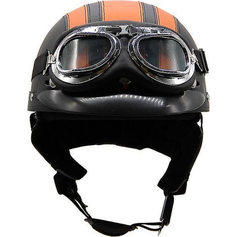 Casque de moto d'été léger en cuir style rétro Harley, avec lunettes de protection, demi-casque tendance, pour véhicules électriques, noir et orange. (1/3)