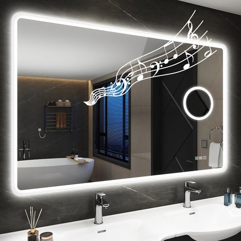 Miroir-Salle-de-Bain-avec-Éclairage 100x70cm, Loupe 5X, Bluetooth, Dimmable, 3 Couleurs Lumière, Anti-buée, Mémoire, IP44 Etanchéité, Verre Trempé HD Miroir-Mural (1/5)