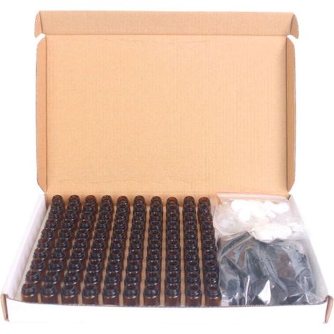Lot de 100 flacons en verre ambré de 3 ml pour échantillons d'huiles essentielles. Flacons vides rechargeables avec bouchons noirs pour huiles essentielles et parfums. (1/5)