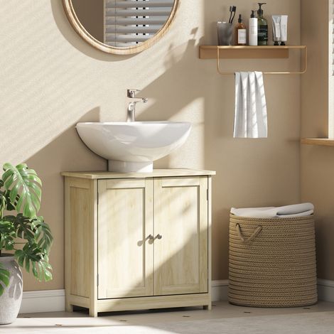 Meuble Salle de Bain sous Lavabo, Meuble sous-Vasque, Placard 2 Portes avec Étagère, 60x30x60cm, Chêne (1/5)