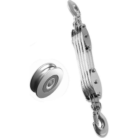 Système de poulies, palan à poulies à quatre roues, capacité de charge de 2200 lb, équipé d'une corde de 65 pi et de 1/4 po, corde compacte blanche. (1/5)