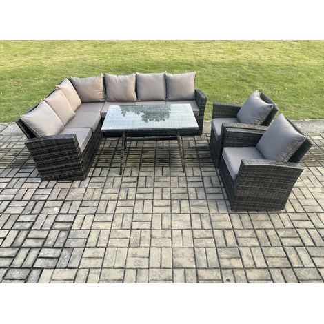 Fimous High Back Outdoor Garden Furniture Set Rattan Corner Sofa Dining Table Set With 2 Armchairs 8 Seater Dark Grey Mixed (1/5)