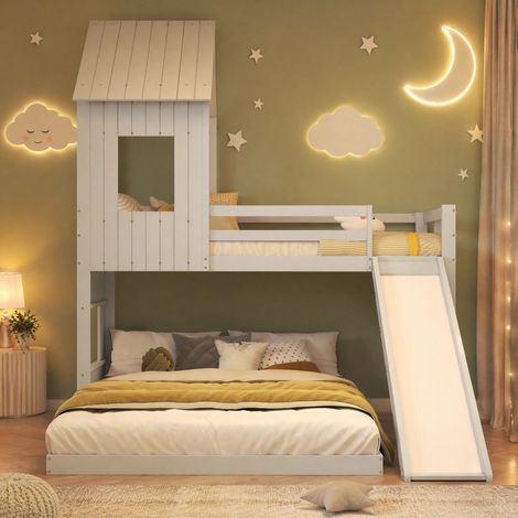 Cama litera infantil con tobogán y escalera blanca OKMYHOME (1/5)