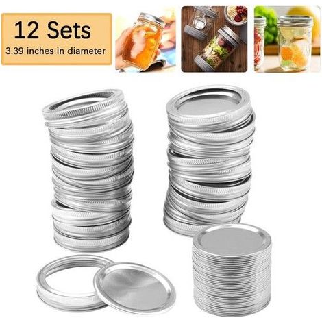 Couvercles pour bocaux Mason - Lot de 12 pièces - Large ouverture 86 mm - Joints en silicone antirouille - Étanches (1/5)