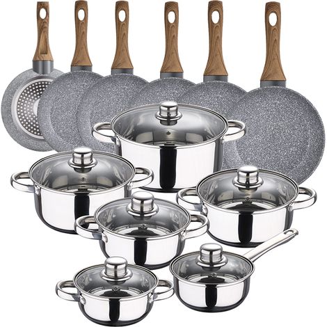 Bateria de cocina 12 piezas SAN IGNACIO Cassel en acero inoxidable con juego de sartenes (18/20/22/24/26/28 cm) SAN IGNACIO Daimiel en aluminio forjad (1/5)