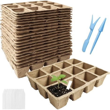 Plateaux de Semis Biodégradables, 20 Pièces 240 Cellules, 21 x 17 x 5 cm, Pots de Germination avec Étiquettes (1/5)