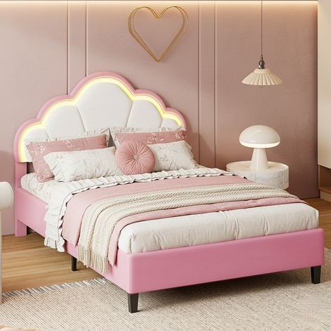 Letto Singolo Bambini/Ragazzi Principessa con Testiera Corona & LED - 140x200 cm - Rosa & Velluto Bianco