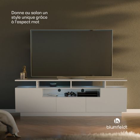 Blumfeldt – Meuble TV bois 150 cm avec éclairage LED multicolore – 3 espaces de rangement – Finition mate – Support jusqu'à 100 kg (1/5)