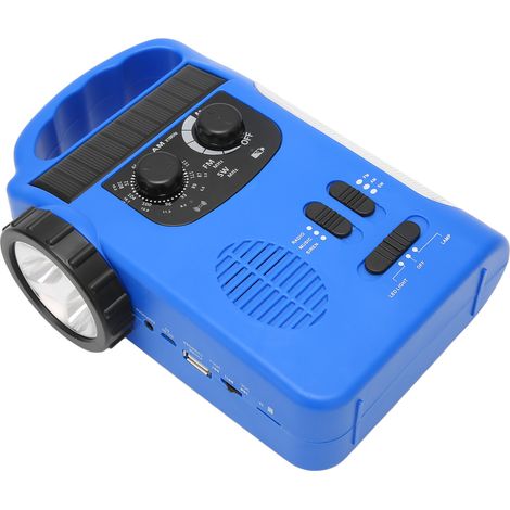 Radio solaire à manivelle AM/FM/SW avec lampe torche LED, liseuse et lecteur MP3 pour le camping et les activités de plein air (bleu) (1/5)